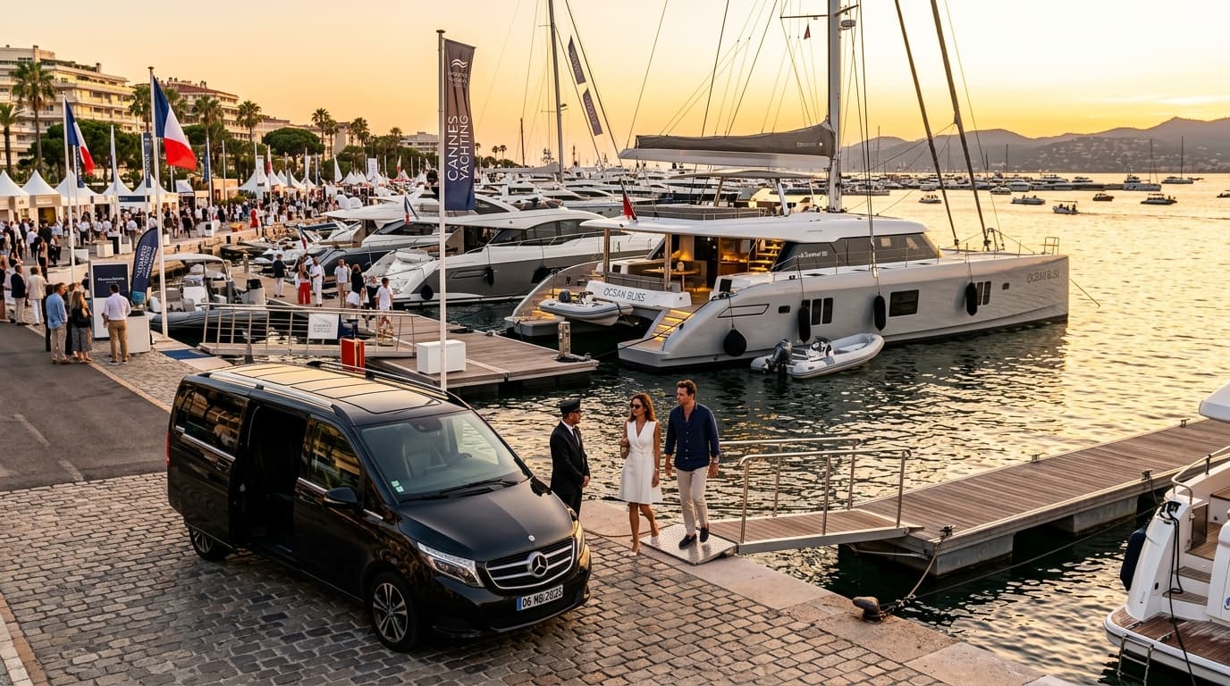Catamarans de luxe à Port Canto au Cannes Yachting Festival avec service chauffeur VTC HB Drivers