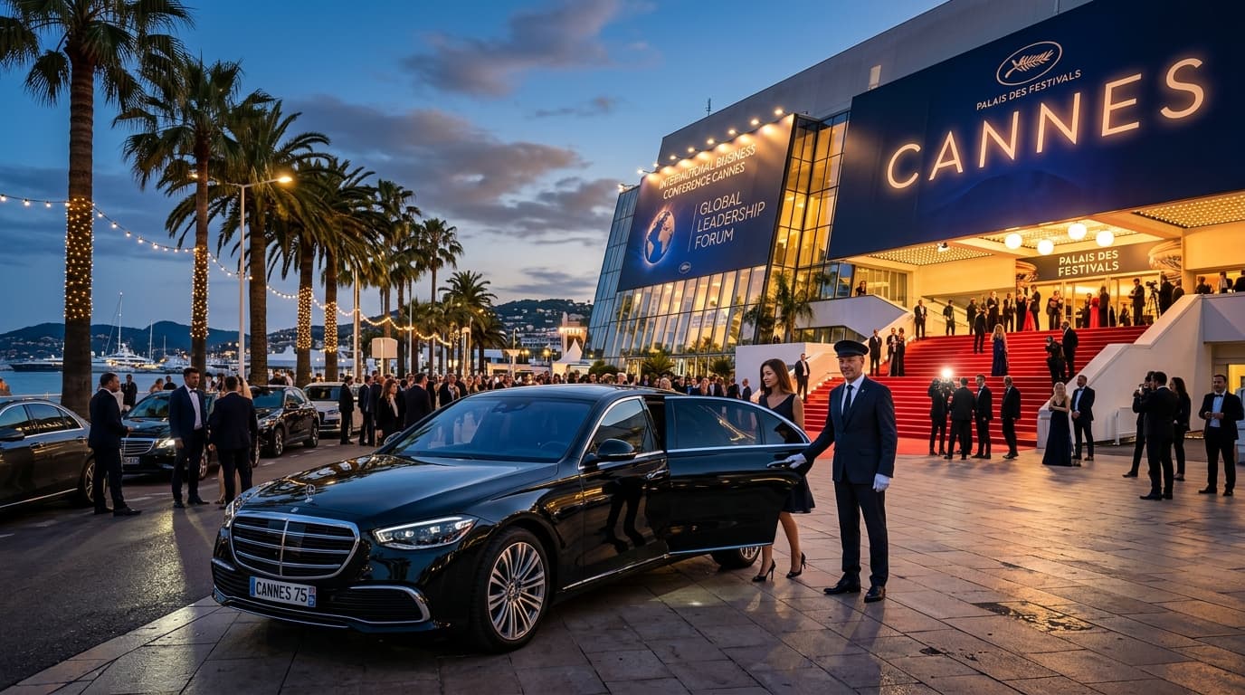 Chauffeur privé VIP HB Drivers devant le Palais des Festivals de Cannes illuminé pendant le TFWA World Exhibition